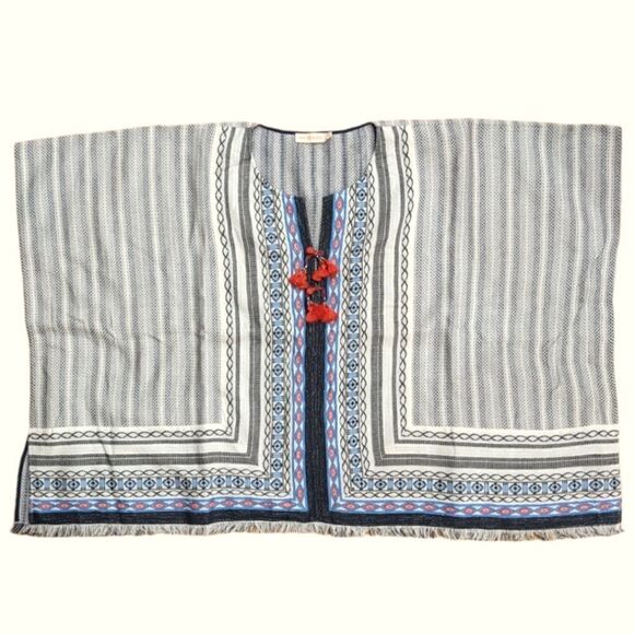 Tory Burch Boho Oversized Blaire Poncho M/L - w/ Tassles, New Ivory / Navy Sea - Picture 8 of 12